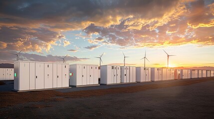 Battery energy storage systems integrated with wind farm power generation at sunset