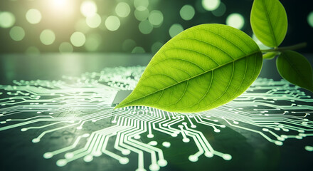 Green leaf growing on circuit board, symbolizing green technology and innovation