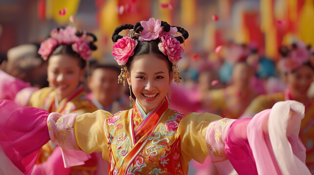 Vibrant performers radiate joy in traditional attire, dancing amidst falling petals during the spectacular Kaifeng Chrysanthemum Cultural Festival, showcasing rich cultural heritage and festive spirit