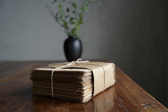 Stack of envelopes tied with string on a wooden table with vase in background