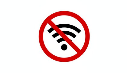 Red signal icon with a diagonal line indicating no wireless connection, symbolizing internet problems, network issues, or a forbidden digital connection