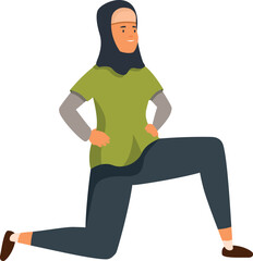 Muslim woman wearing hijab practicing lunges, promoting healthy lifestyle and fitness within the muslim community