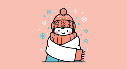 Stylized winter illustration of a person bundled in warm clothing and snowflakes falling gently