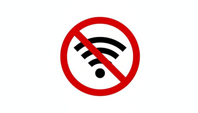 Red signal icon with a diagonal line indicating no wireless connection, symbolizing internet problems, network issues, or a forbidden digital connection