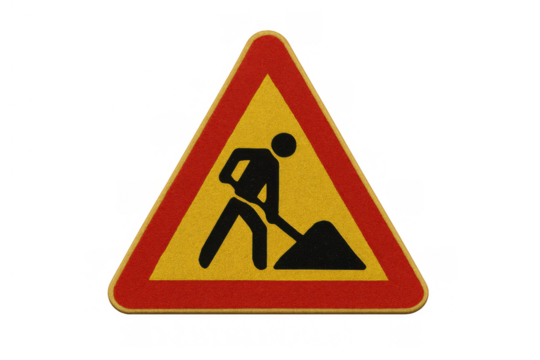 Road work sign warning of construction ahead. Yellow triangle showing worker with shovel and pile icon on a transparent background