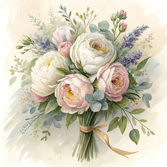 Delicate watercolor bouquet of soft pink and white peonies tied with ribbon illustration