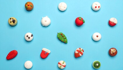 An overhead shot showcases a collection of small, festive pastries arranged randomly on a vibrant turquoise background