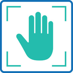 Teal hand icon within blue corner brackets on white background vector