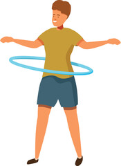 Smiling young man doing hula hoop exercise, promoting active lifestyle, fitness, and playful recreation