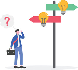 A businessman carries a lamp while a businesswoman looks confused at a signpost that says IDEA,

