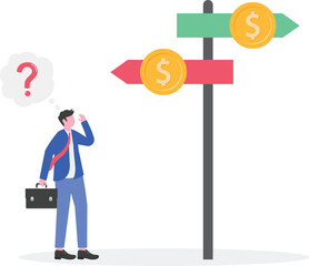 A businessman carries a piggy bank while a businesswoman looks confused at a signpost that says INVEST,
