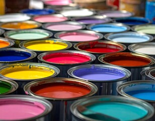 Fototapeta premium An overhead shot showcasing rows of open metal paint cans filled with diverse, vibrant colors. A kaleidoscope of hues reflects off glossy surfaces