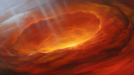 Abstract swirling vortex of fiery orange and red cosmic energy with glowing light at its center representing a nebula or celestial phenomenon