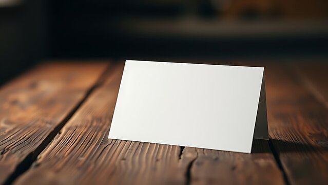 Blank greeting card resting on a rustic wooden surface with warm ambient light.