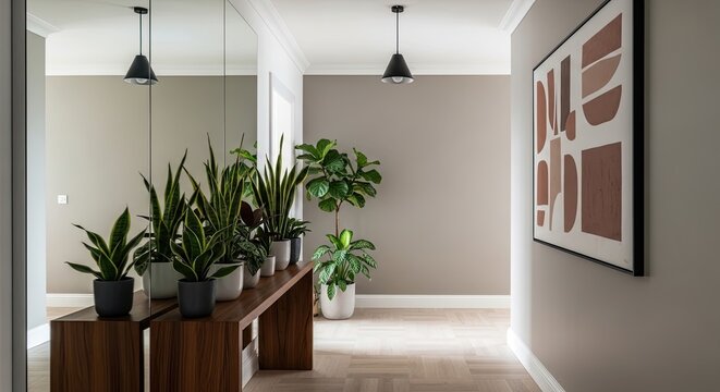Elevate Your Home with Modern Interior Design and Lush Green Plants in Stylish Hallway - A Refreshing and Inviting Entryway Experience for Guests