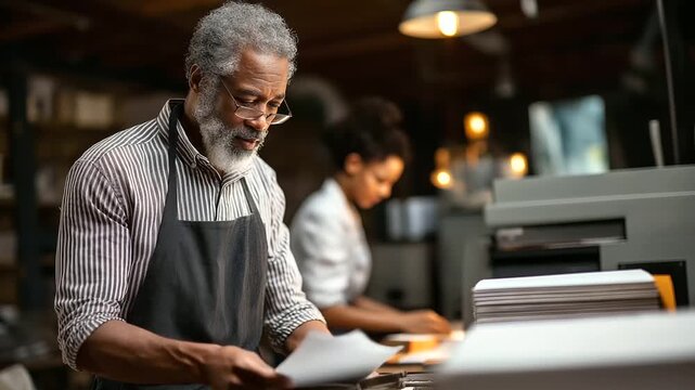 Unrecognizable mature Black man operating a paper cutter with precision slicing through stacks while a young woman in the background adjusts a creasing machine sparks of paper