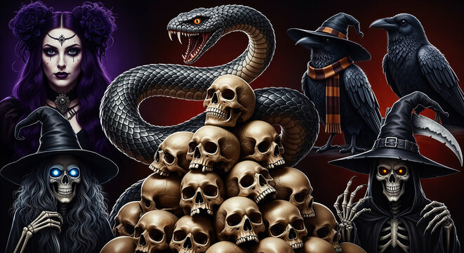Dark assembly of witches, skeletons, and mystic beasts, Gothic fantasy portrait featuring snake, skulls, and ravens
