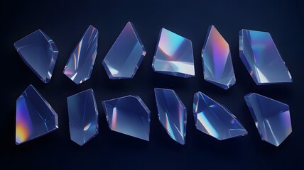 Collection of iridescent sharp edged crystal shards scattered on a dark background reflecting prismatic light and color
