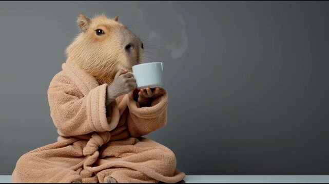 Calm capybara wearing brown terrycloth robe sips hot beverage from light gray mug.