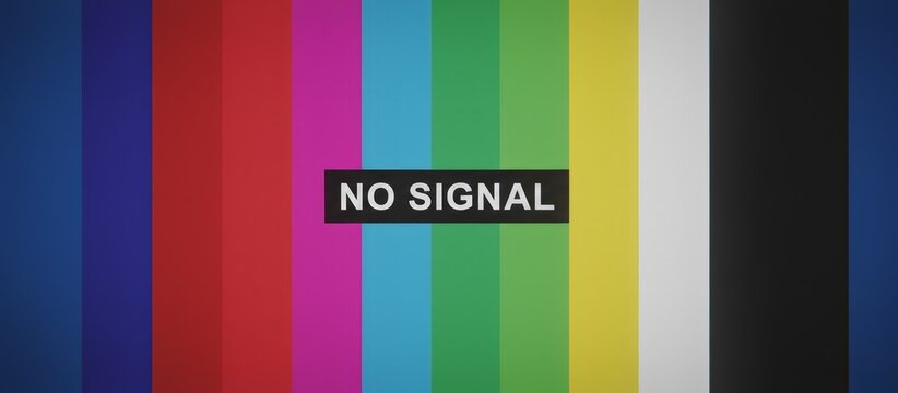 Television screen displaying colorful test bars and a no signal message, symbolizing technical issues, broadcasting interruption, communication breakdown, and digital error