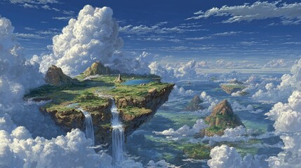 Anime background or wallpaper featuring a vast floating island in the sky waterfalls cascading into the clouds below