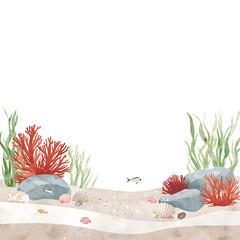 A peaceful underwater scene depicted in a minimalist watercolor style, showcasing soft sand, smooth gray stones, vibrant red and white coral.