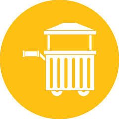 White food cart icon on a yellow circular background featuring a simple illustration of a portable vendor stall with wheels and a canopy detail