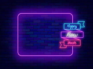 Happy New Year neon advertising. Empty purple frame. Typography with ribbon. Vector illustration