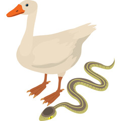 White Goose Standing Next to a Striped Snake with Orange Beak and Blue Eyes Against a Transparent Background Detailed Pixel Art