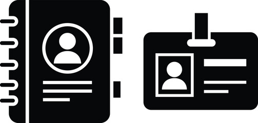 Black icon of a personal address book and an I D badge white contact list