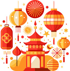 Lunar New Year celebration with lanterns, fireworks, and red-gold color theme, vector art white background