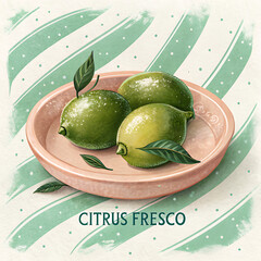 Fresh green limes in a bowl with leaves and green stripe pattern background citrus fresco illustration