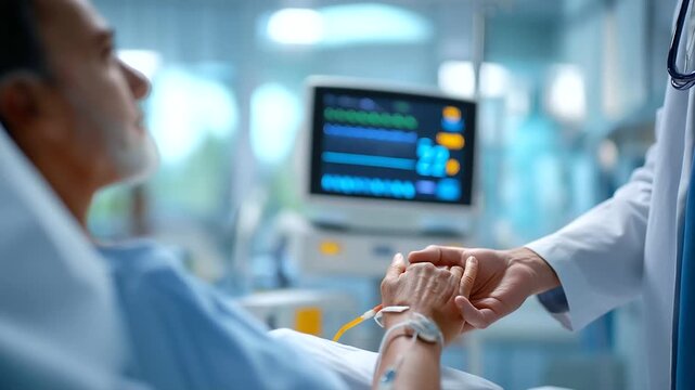 A doctor checks a patient's heart rate blood pressure oxygen saturation and breath rate post surgery monitors beeping softly the room sterile with IV stands and charts post