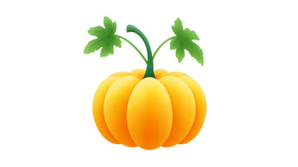 Yellow pumpkin with smooth skin, green stem, and two leaves, isolated on transparent background, evokes freshness and autumn harvest, perfect for seasonal or healthy food concepts