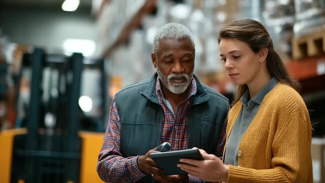 A mature African American man and a young woman conduct inventory in a print shop storehouse scanning barcodes with handheld devices shelves towering with packed goods forklift
