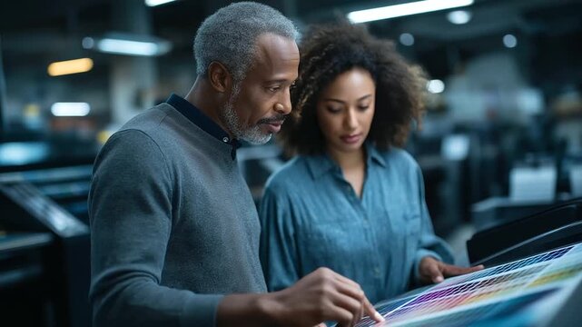 A mature African American man and a young woman perform a color test in a printing house comparing swatches under a calibration light ink samples and test sheets spread out the