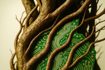 A green leaf with a circuit board on it