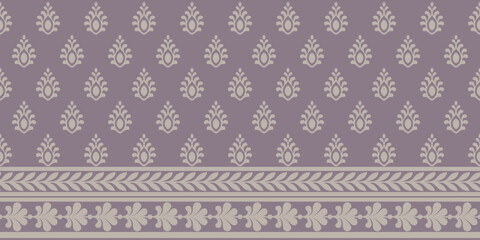 Indian ethnic pattern with elegant floral motifs and decorative border soft beige muted purple background creates beautiful traditional design