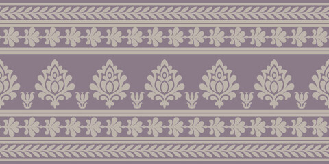 Indian ethnic pattern with elegant floral and leaf motifs in soft beige on muted purple background creating beautiful traditional design