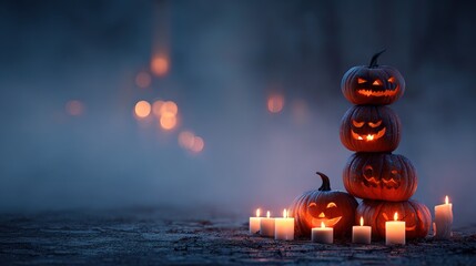 Halloween still life with stacked pumpkins lit by flickering candles in soft fog. Dramatic and mysterious mood, perfect for event promotions, seasonal branding and creative projects