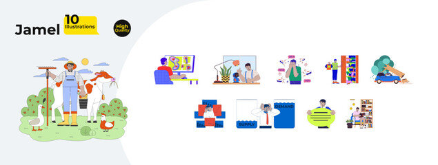 Fototapeta premium Middle eastern man for work and daily life cartoon flat illustrations mega bundle. Farming, car accident, business analysis, technology 2D images isolated on white. Collection vector drawings colorful