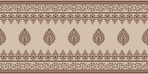 Indian ethnic pattern with elegant brown floral motifs and symmetrical design on beige background creating beautiful traditional textile look