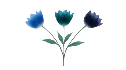 Blue tulip flower illustration, three stylized blossoms with green stems and leaves, isolated on transparent background, elegant and minimal design, calm and peaceful mood