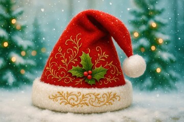 A red hat with a white trim and a green leaf on it