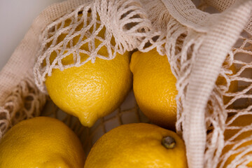 Trendy Net Bag with Lemons – Minimal Fashion Composition on White Background