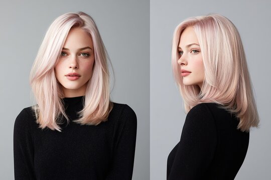 Front and side portrait of woman with soft pastel pink medium length hair