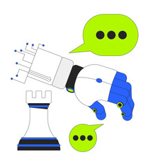 Robot chess strategy communication 2D cartoon objects set. AI robotics with rook chessman, chat bubbles messaging isolated elements flat vector clip arts on white. Spot illustrations collection