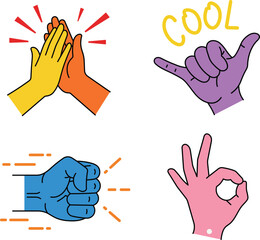 Four cartoon hands making gestures high five cool fist bump okay sign hand gesture