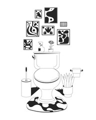Artistic bathroom interior with wall art and toilet outline illustration. Decorated restroom fixture with home essentials, flowerpot 2D line scene isolated on white. Monochrome vector ink linear image