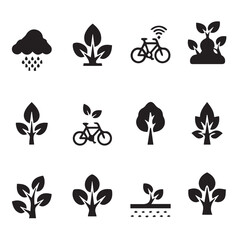 Collection of black and white vector icons representing nature technology sustainability and growth